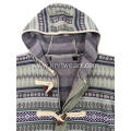 Men's Knitted Geometric Jacquard Zipper Olive Button Hoodie